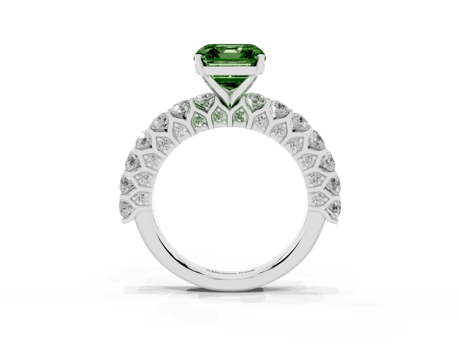 Fancy Green Asscher Cut Diamond Solitaire Ring with Shared Prong Pavé Band and Four-Prong Setting White gold