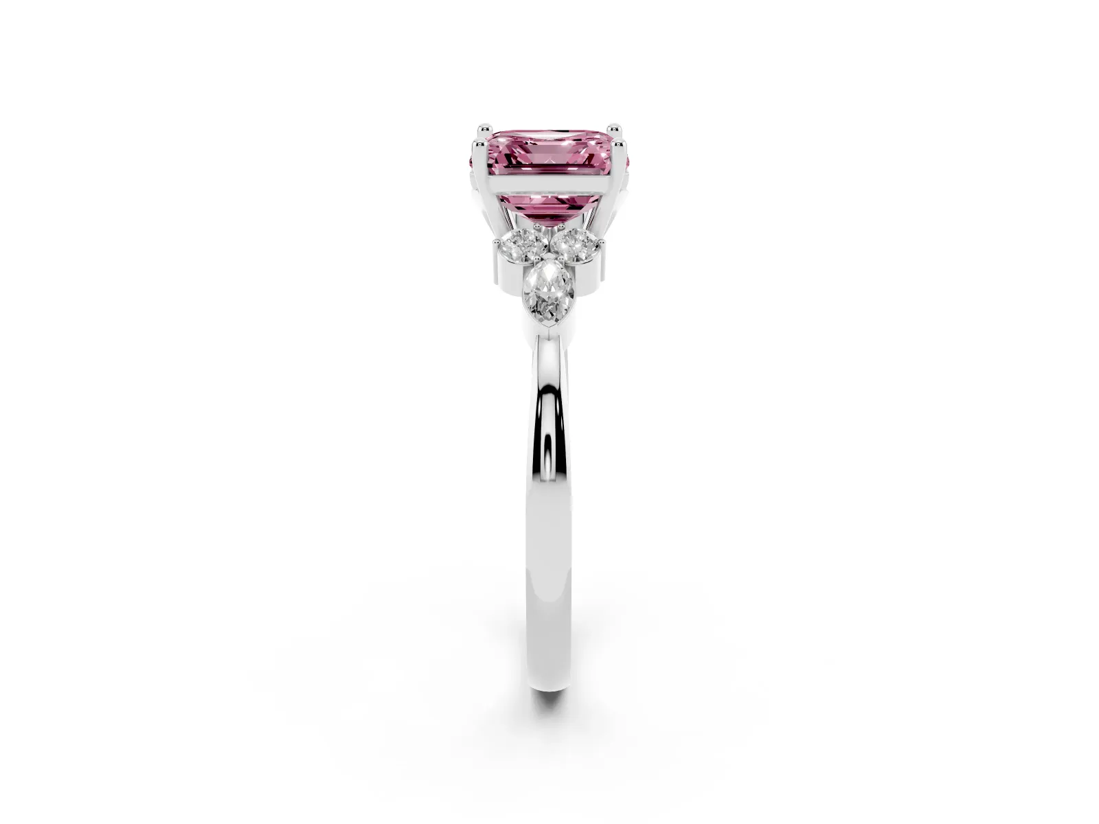 Fancy Pink Asscher Cut Brilliant Diamond Solitaire Ring with Pear Side Stones and Four-Prong Setting Platinum