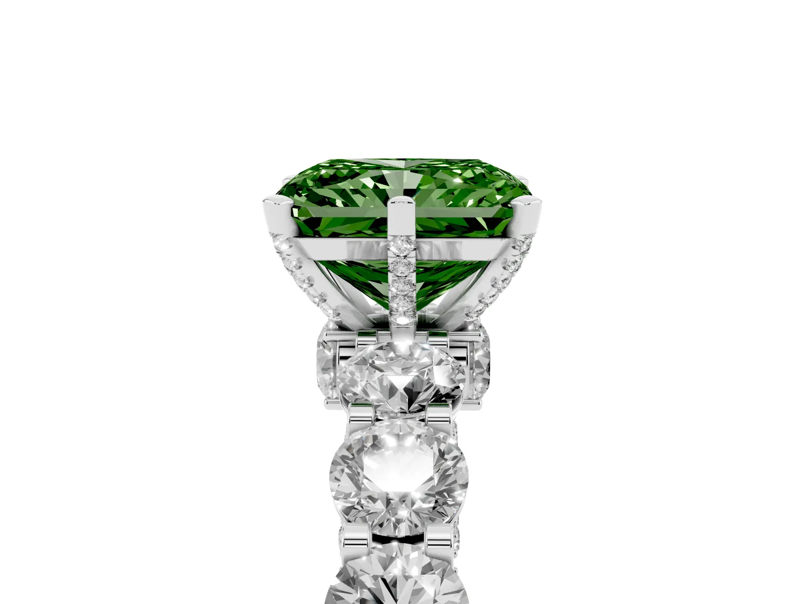 Fancy Green Radiant Cut Diamond Side Stone Engagement Ring with Four-Prong Setting Platinum