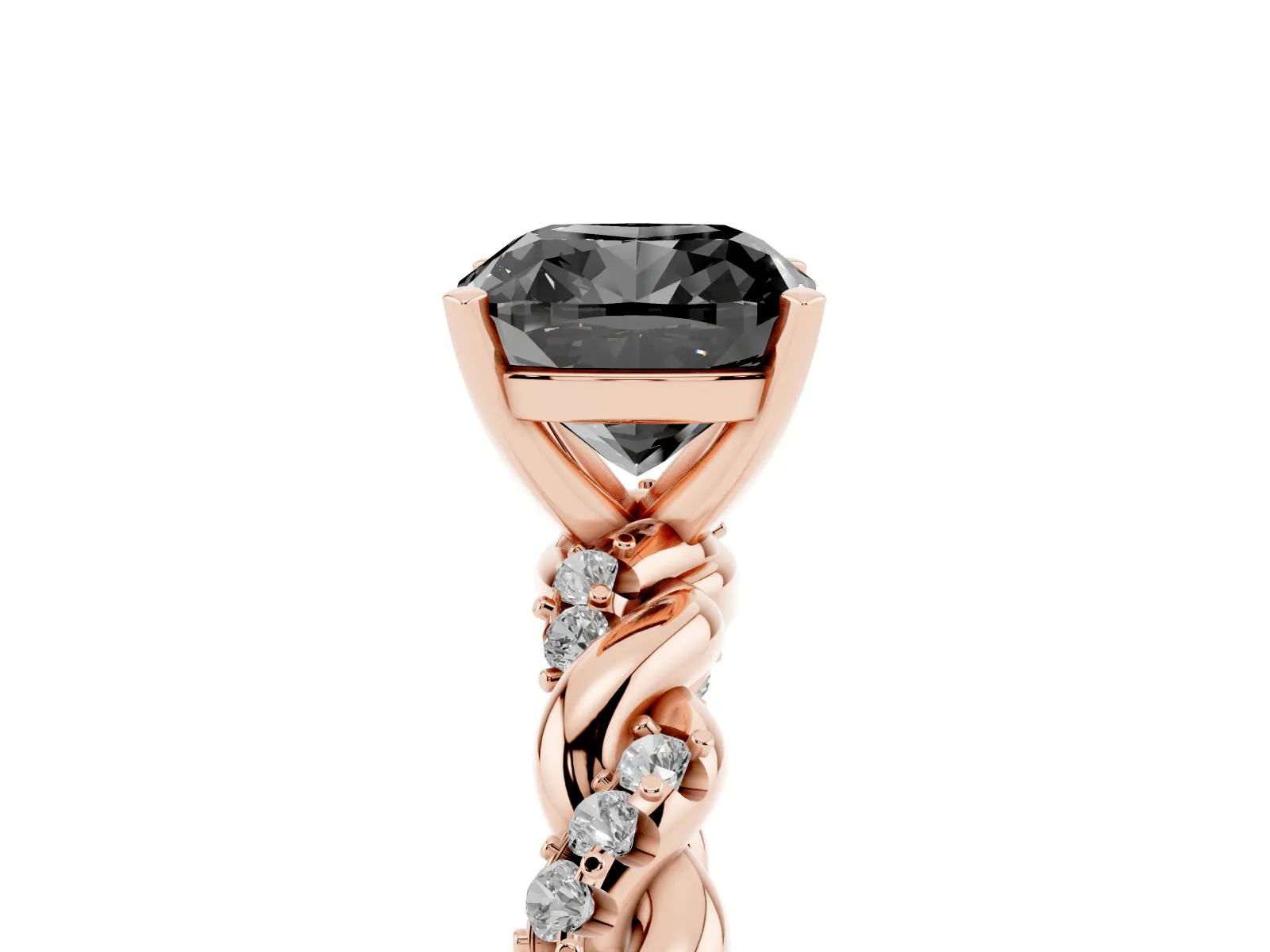 Fancy Black Cushion Cut Diamond Solitaire Ring with Twisted Band and Pavé Accents Rose gold