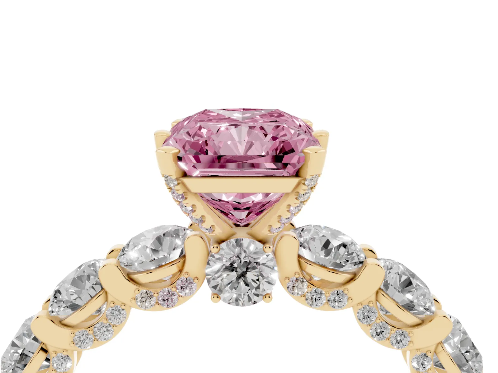 Fancy Pink Radiant Cut Diamond Side Stone Engagement Ring with Four-Prong Setting Yellow gold