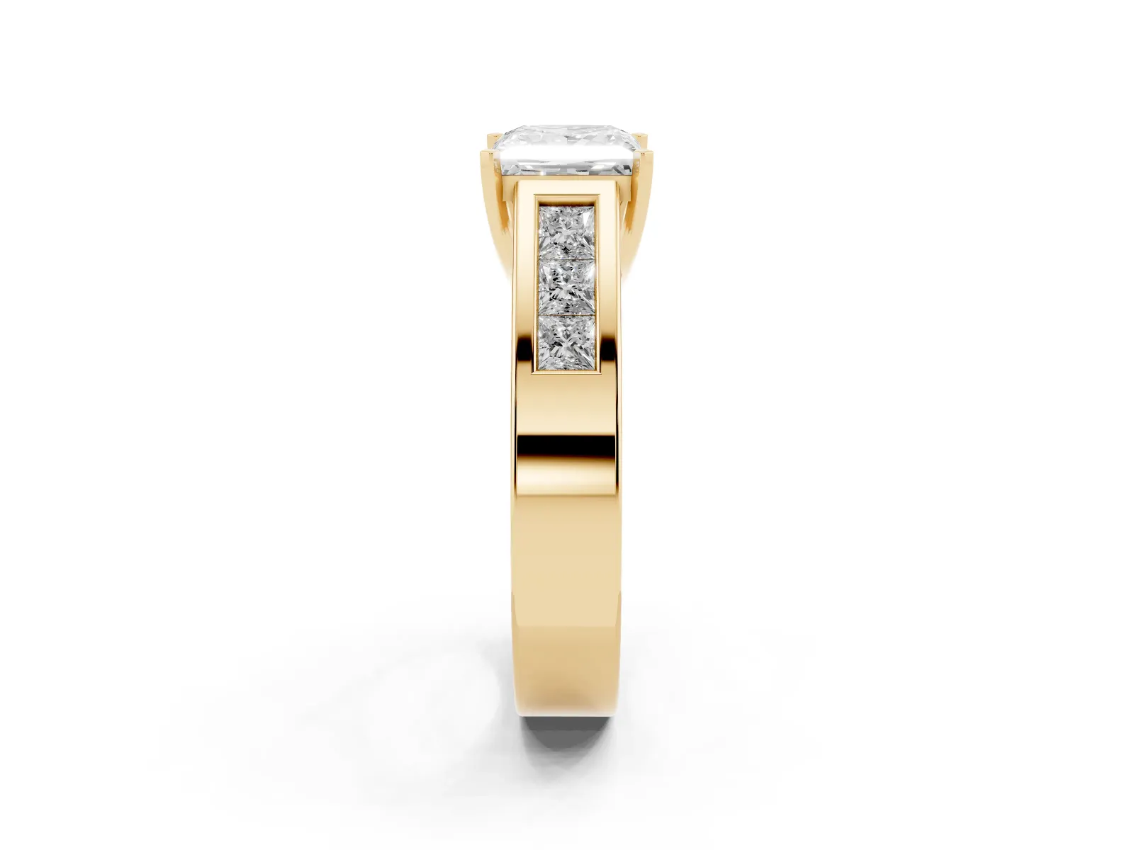 Princess Cut Cut Channel Set Solitaire Ring with Four-Prong Setting Yellow gold