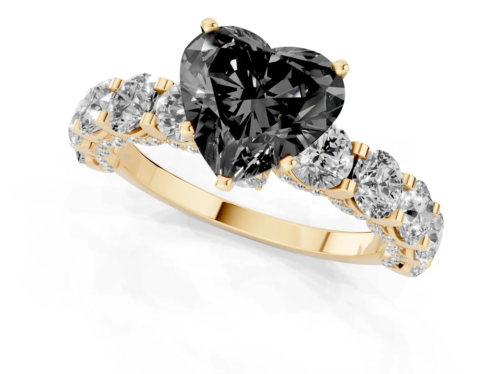 Fancy Black Heart Cut Diamond Side Stone Engagement Ring with Four-Prong Setting Yellow gold