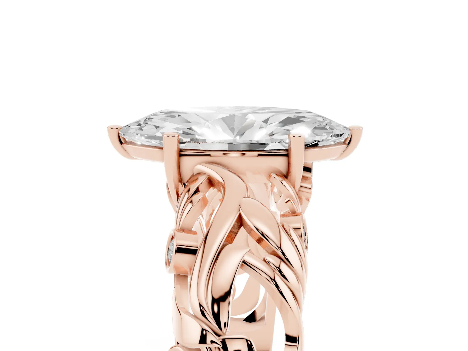 Marquise Cut Solitaire Diamond Leaf-Inspired Vine Band Ring with Prong Setting Rose gold