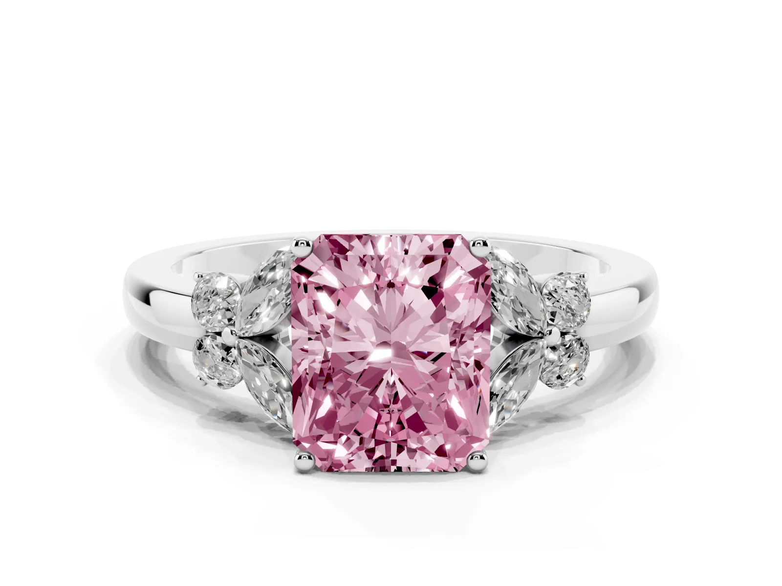 Fancy Pink Radiant Cut Cut Solitaire Floral Diamond Ring with Four-Prong Setting Platinum