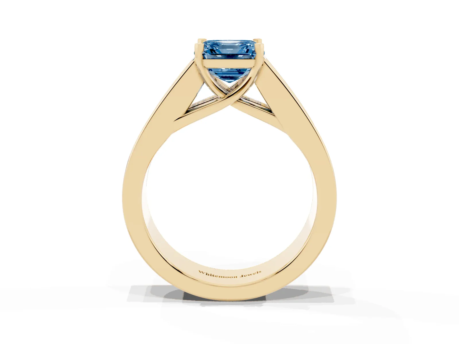 Fancy Blue Asscher Cut Cut Channel Set Solitaire Ring with Four-Prong Setting Yellow gold