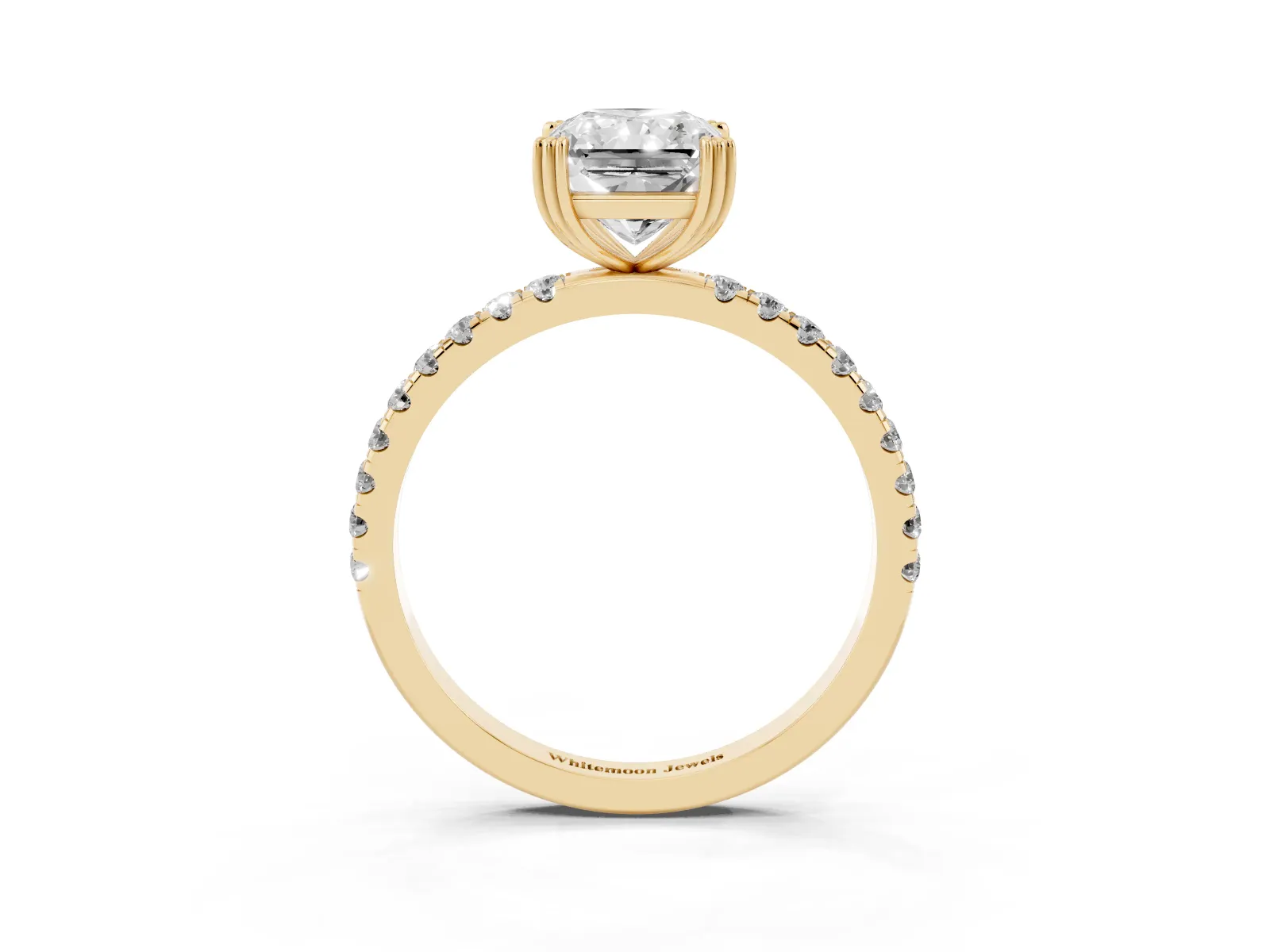 Radiant Cut Brilliant Solitaire with Pavé Band and Claw Prong Setting Yellow gold