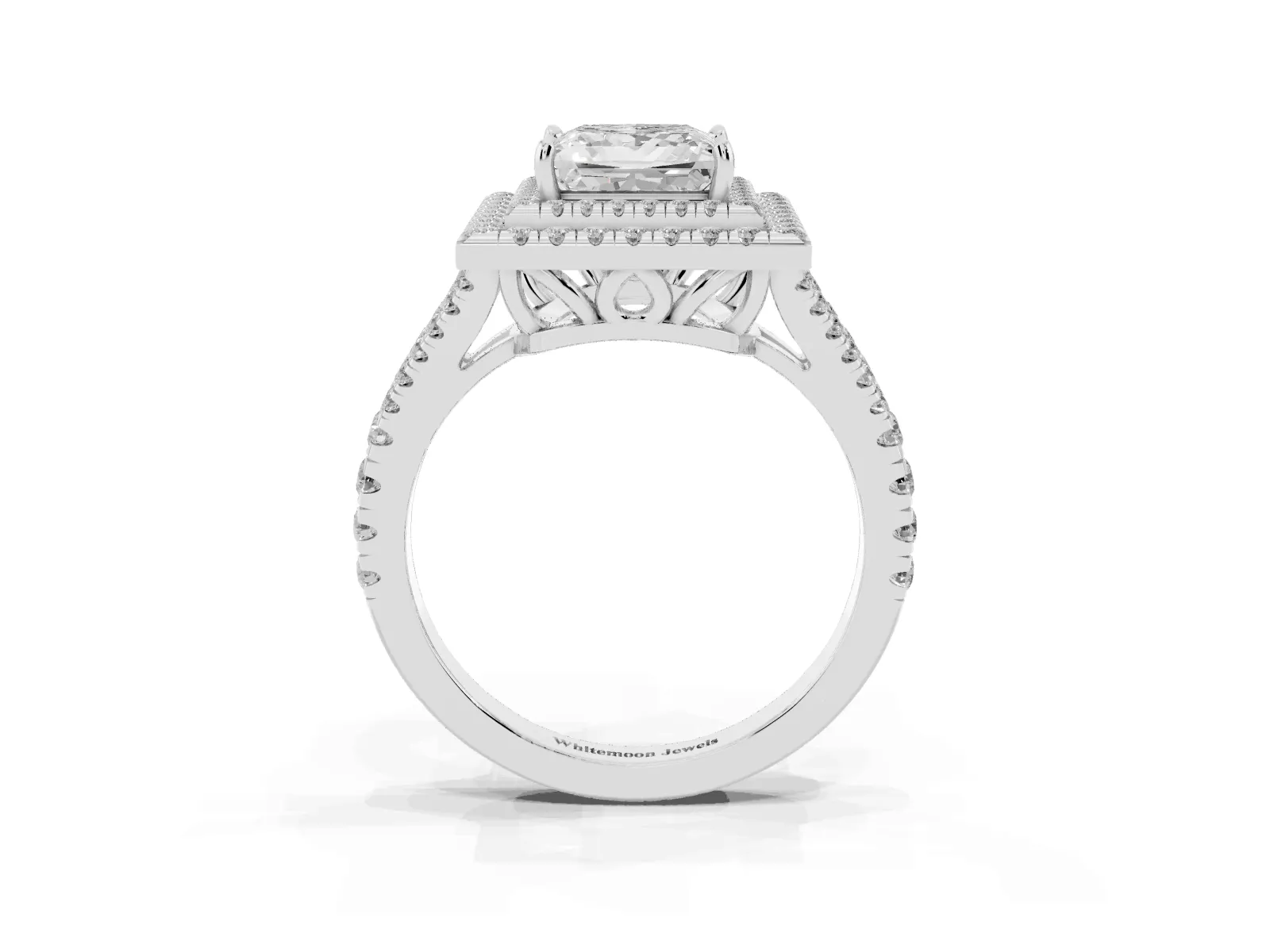 Princess Cut Diamond Double Halo Ring with Pavé Band and Prong Setting Platinum