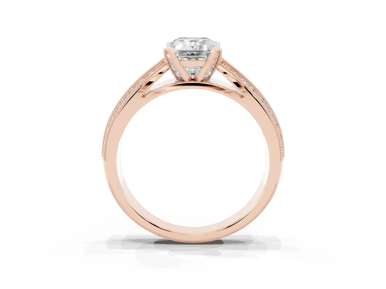 Emerald Cut Diamond Solitaire Ring with Milgrain Round Pavé Band and Prong Setting Rose gold