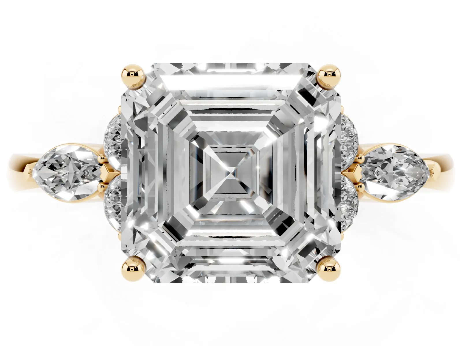 Asscher Cut Brilliant Diamond Solitaire Ring with Pear Side Stones and Four-Prong Setting Yellow gold