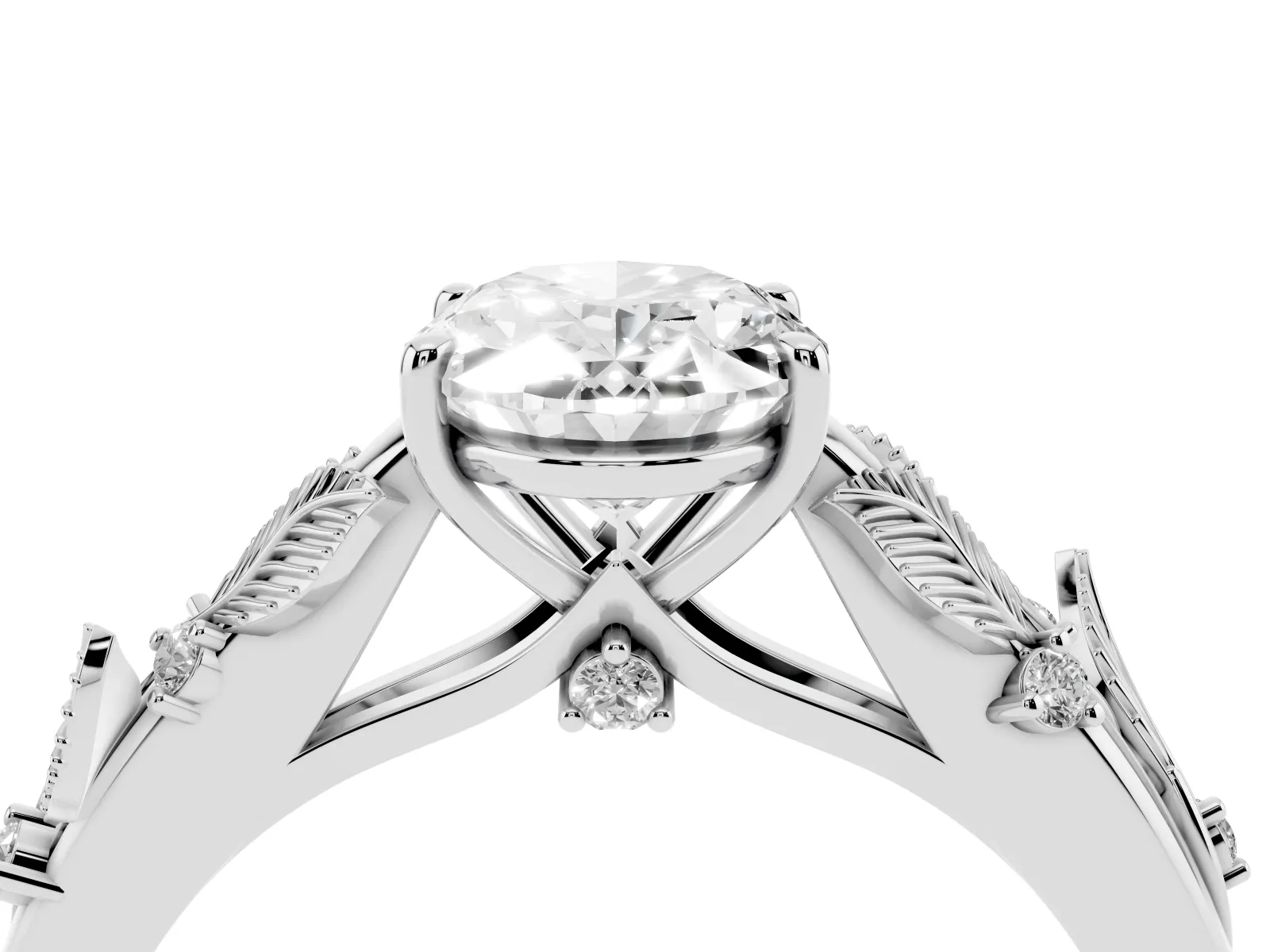 Oval Cut Diamond Solitaire Ring with Leaf Motif Band and Four-Prong Setting Platinum