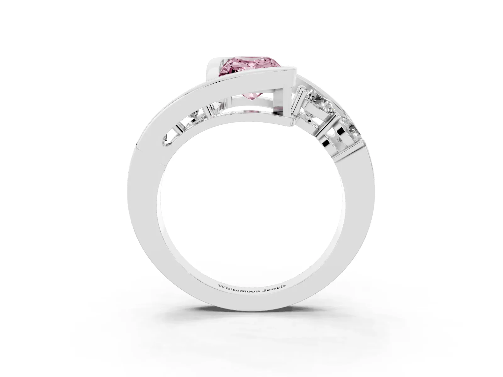 Fancy Pink Bezel Set Radiant Cut Diamond Bypass Ring with Round Accents White gold