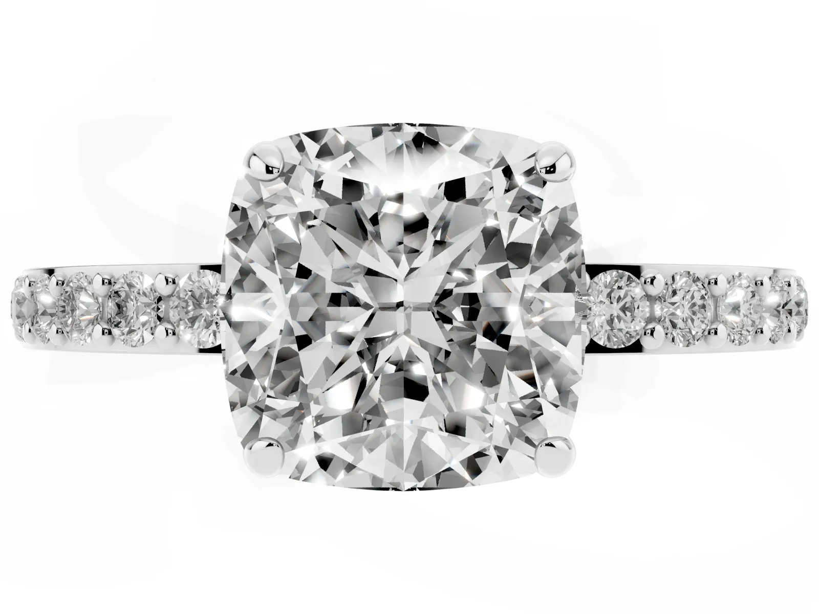 Cushion Cut Diamond Solitaire Engagement Ring with Pavé Band and Four-Prong Setting White gold