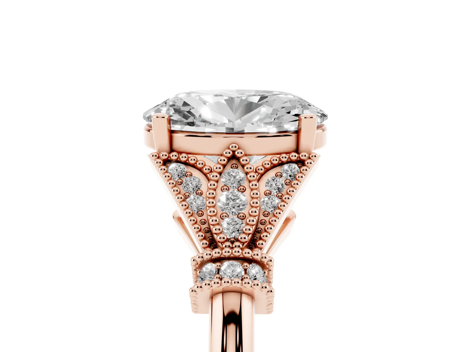 Oval Cut Diamond Solitaire Ring with Floral Filigree and Pave Accents Rose gold