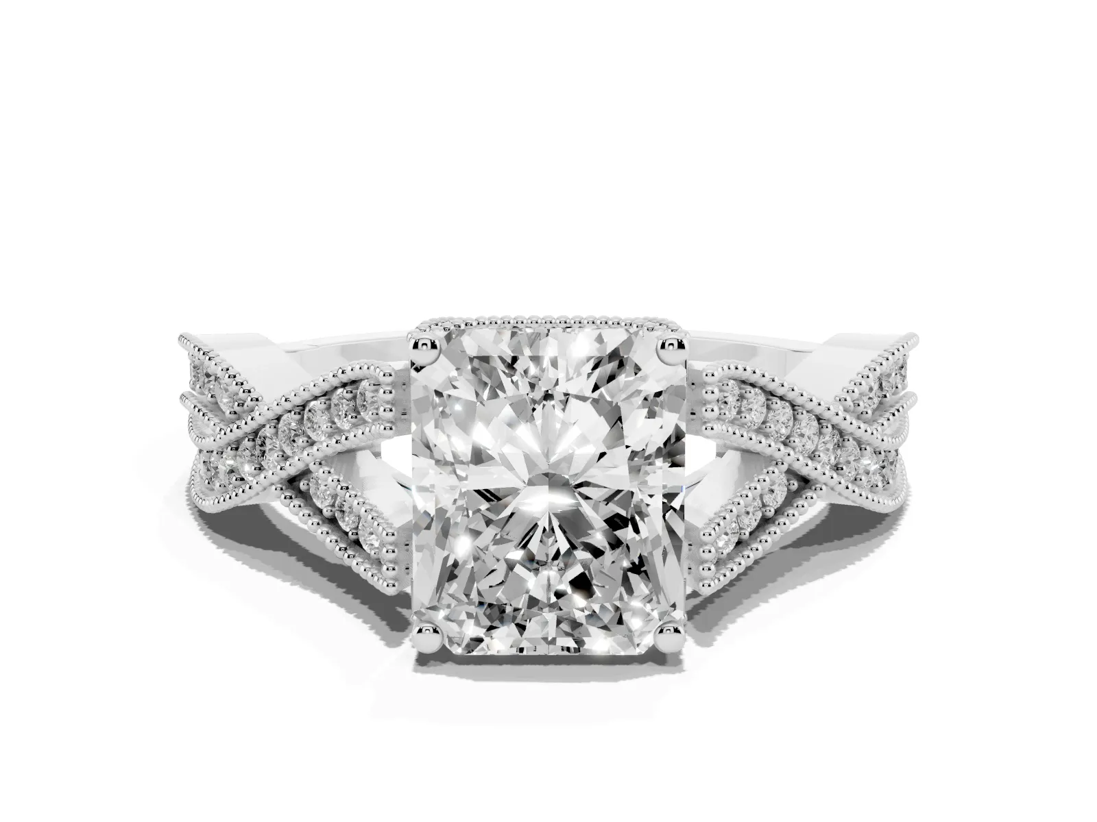 Radiant Cut Cut Diamond Twisted Band with Milgrain Pave Setting and Four-Prong Setting Platinum