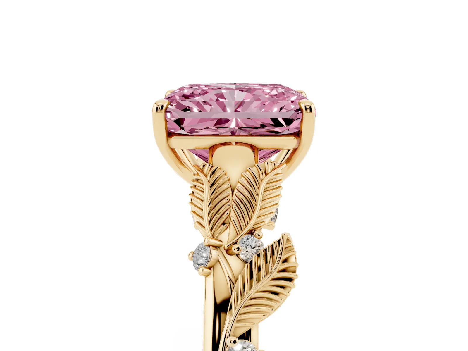 Fancy Pink Radiant Cut Diamond Solitaire Ring with Leaf Motif Band and Four-Prong Setting Yellow gold