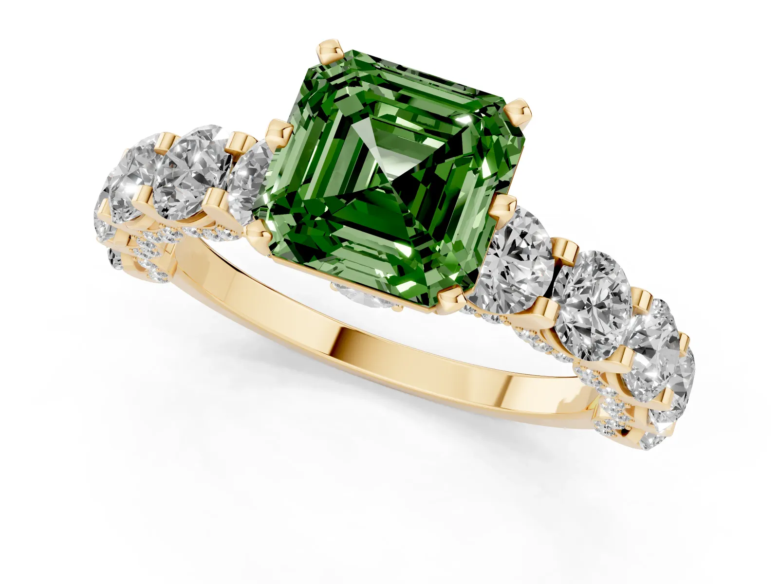 Fancy Green Asscher Cut Diamond Side Stone Engagement Ring with Four-Prong Setting Yellow gold