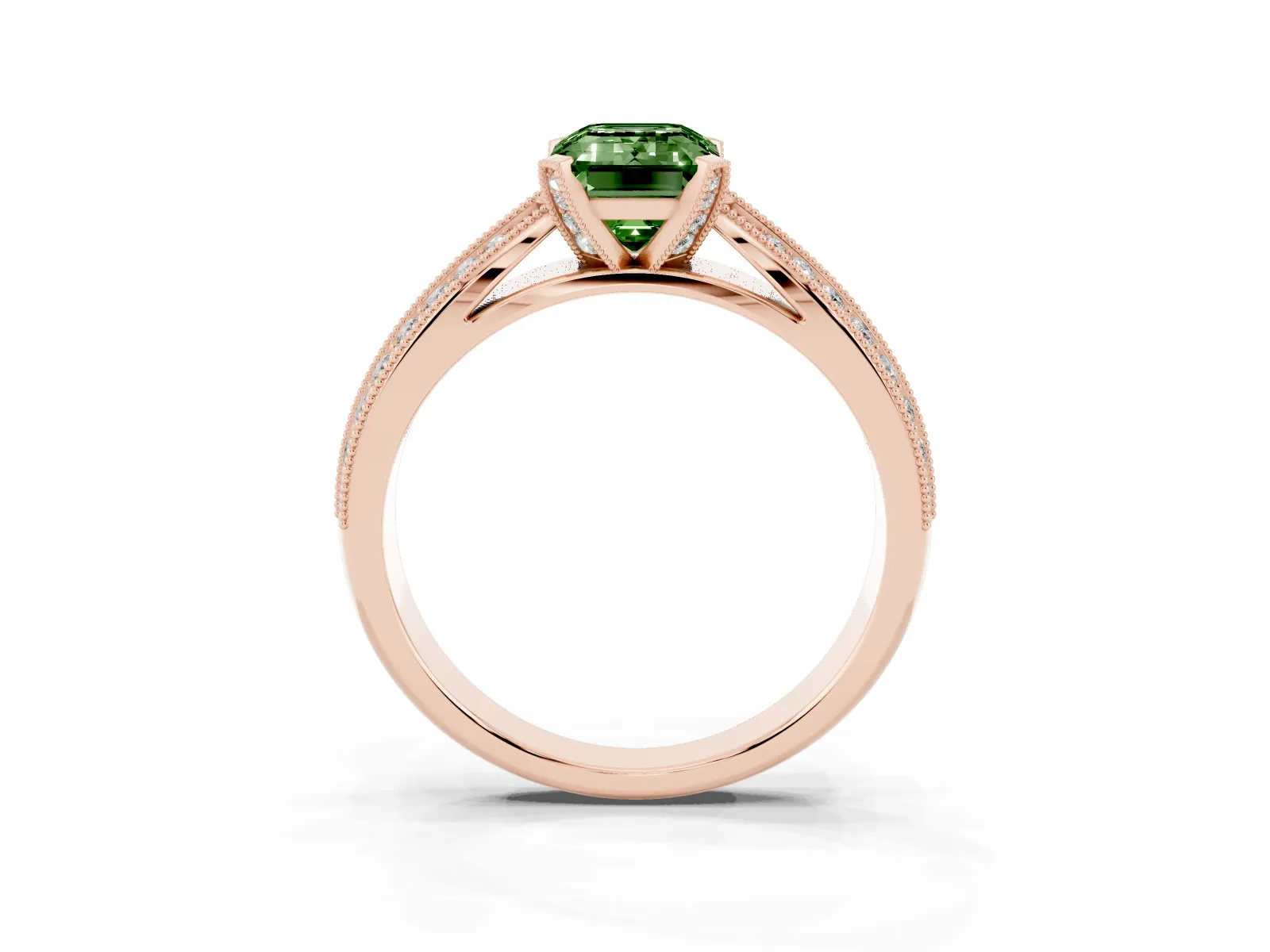 Fancy Green Emerald Cut Diamond Solitaire Ring with Milgrain Round Pavé Band and Prong Setting Rose gold