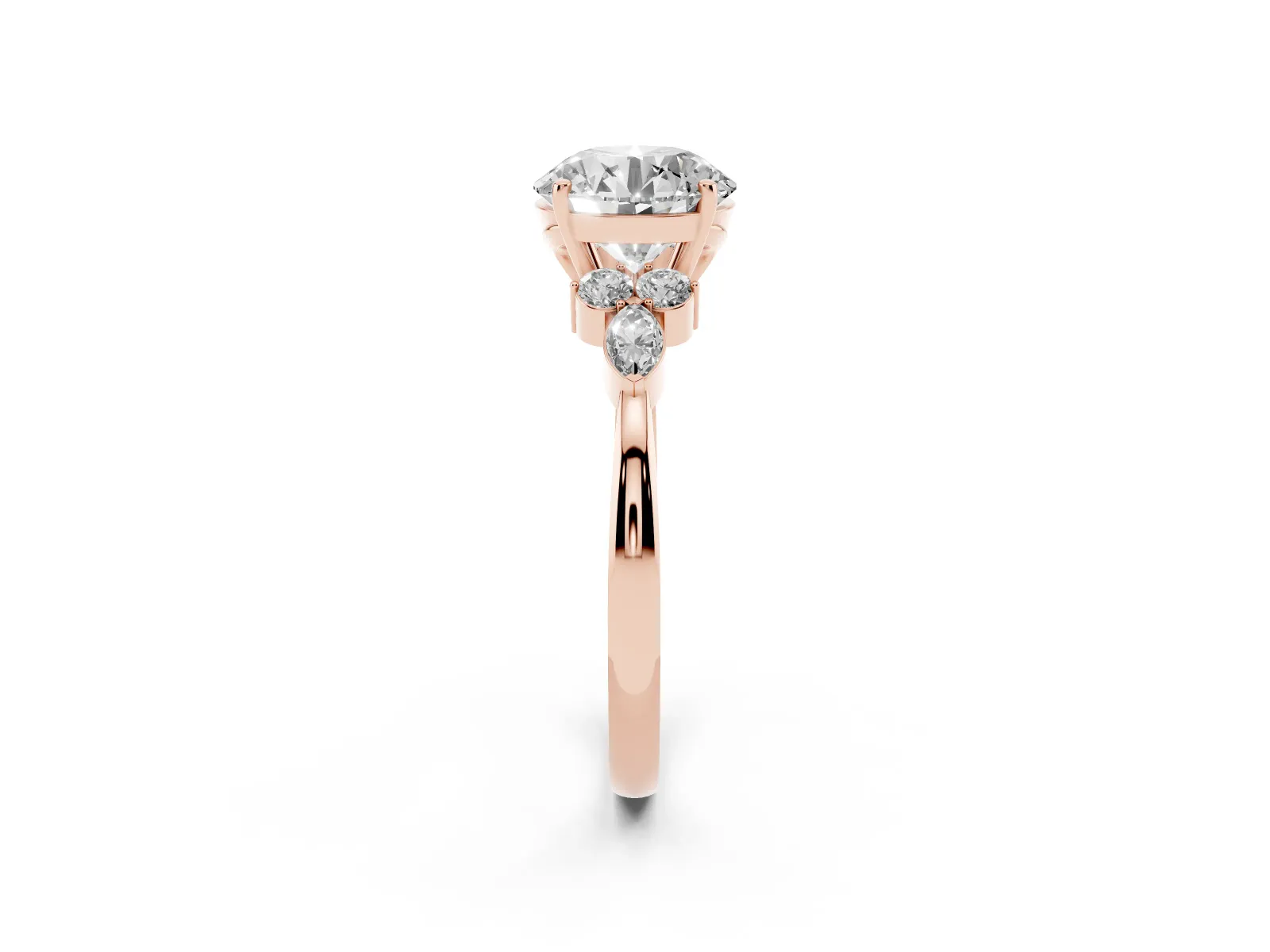 Round Cut Brilliant Diamond Solitaire Ring with Pear Side Stones and Four-Prong Setting Rose gold