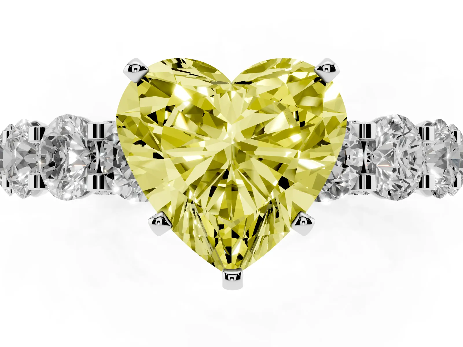 Fancy Yellow Heart Cut Diamond Side Stone Engagement Ring with Four-Prong Setting Platinum