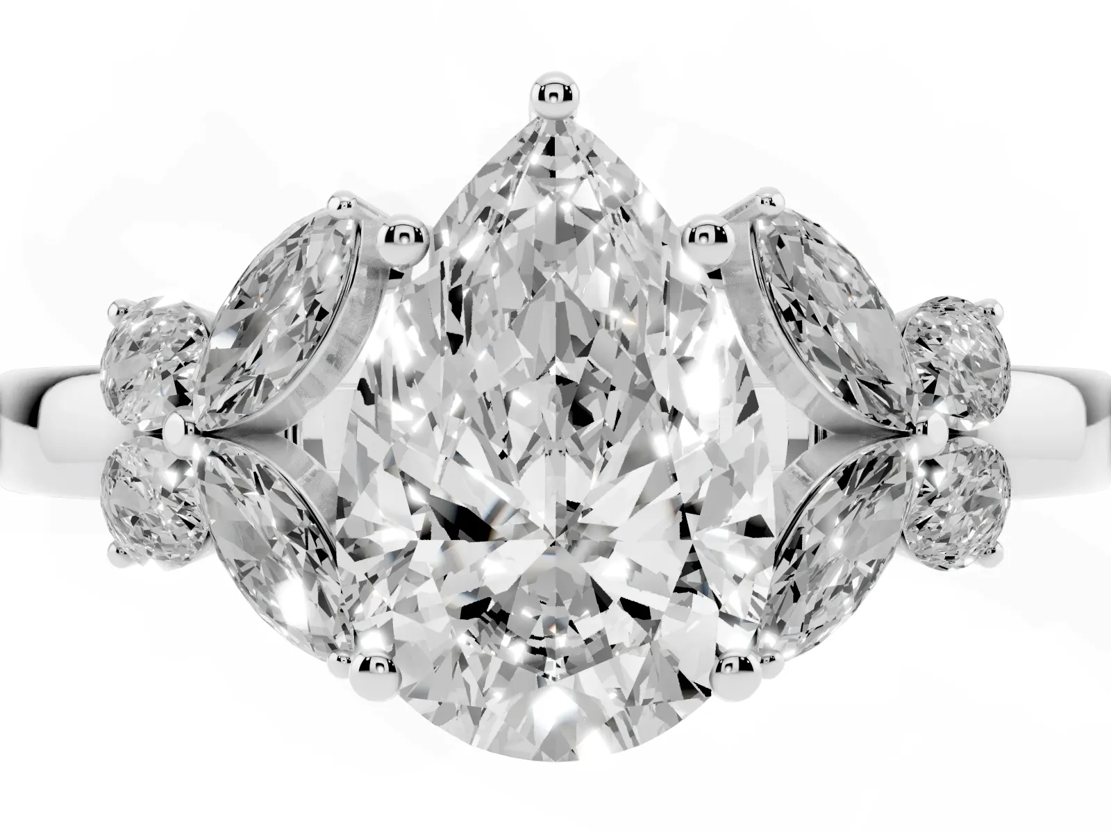 Pear Cut Cut Solitaire Floral Diamond Ring with Four-Prong Setting Platinum