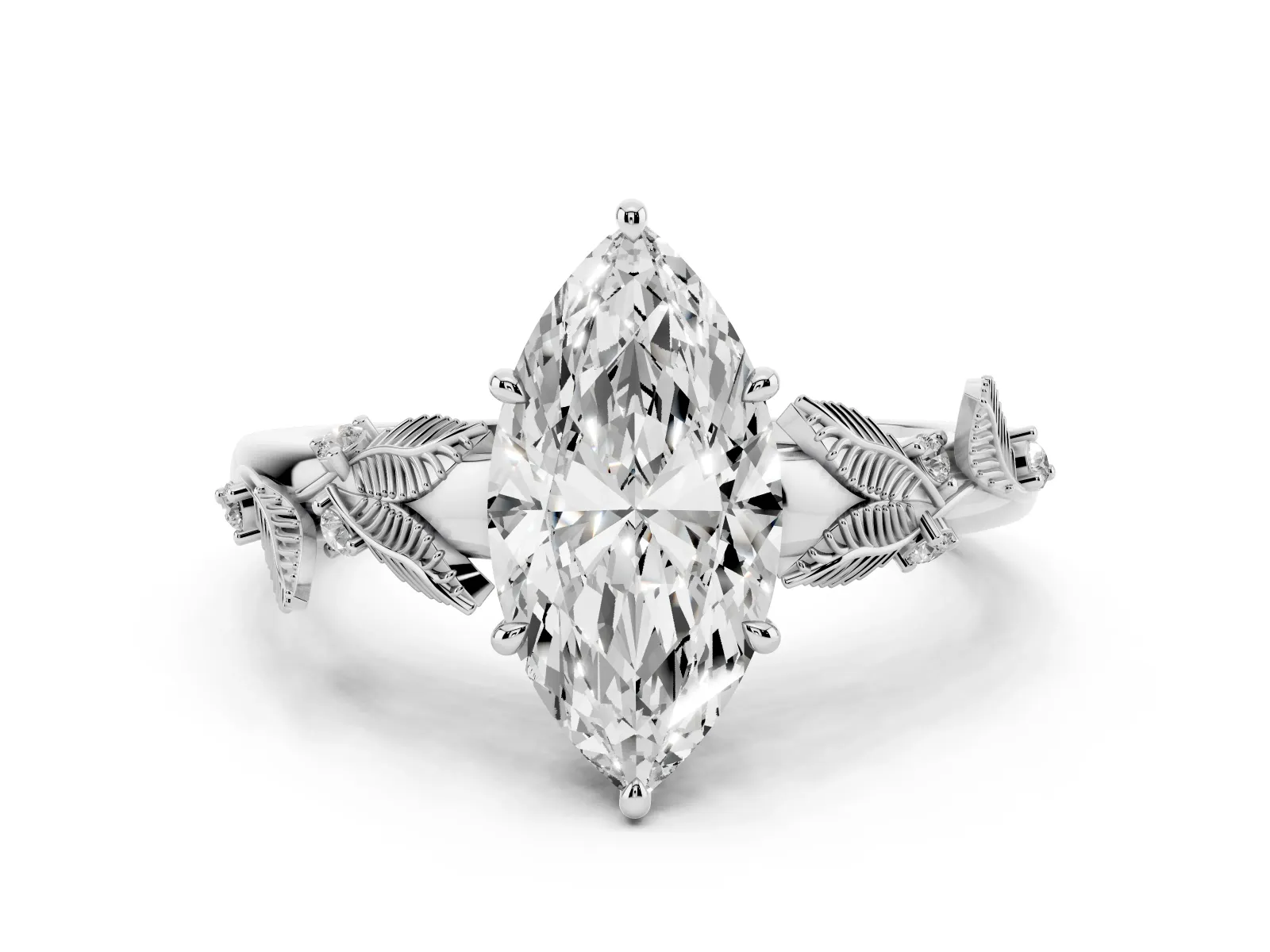 Marquise Cut Diamond Solitaire Ring with Leaf Motif Band and Four-Prong Setting Platinum