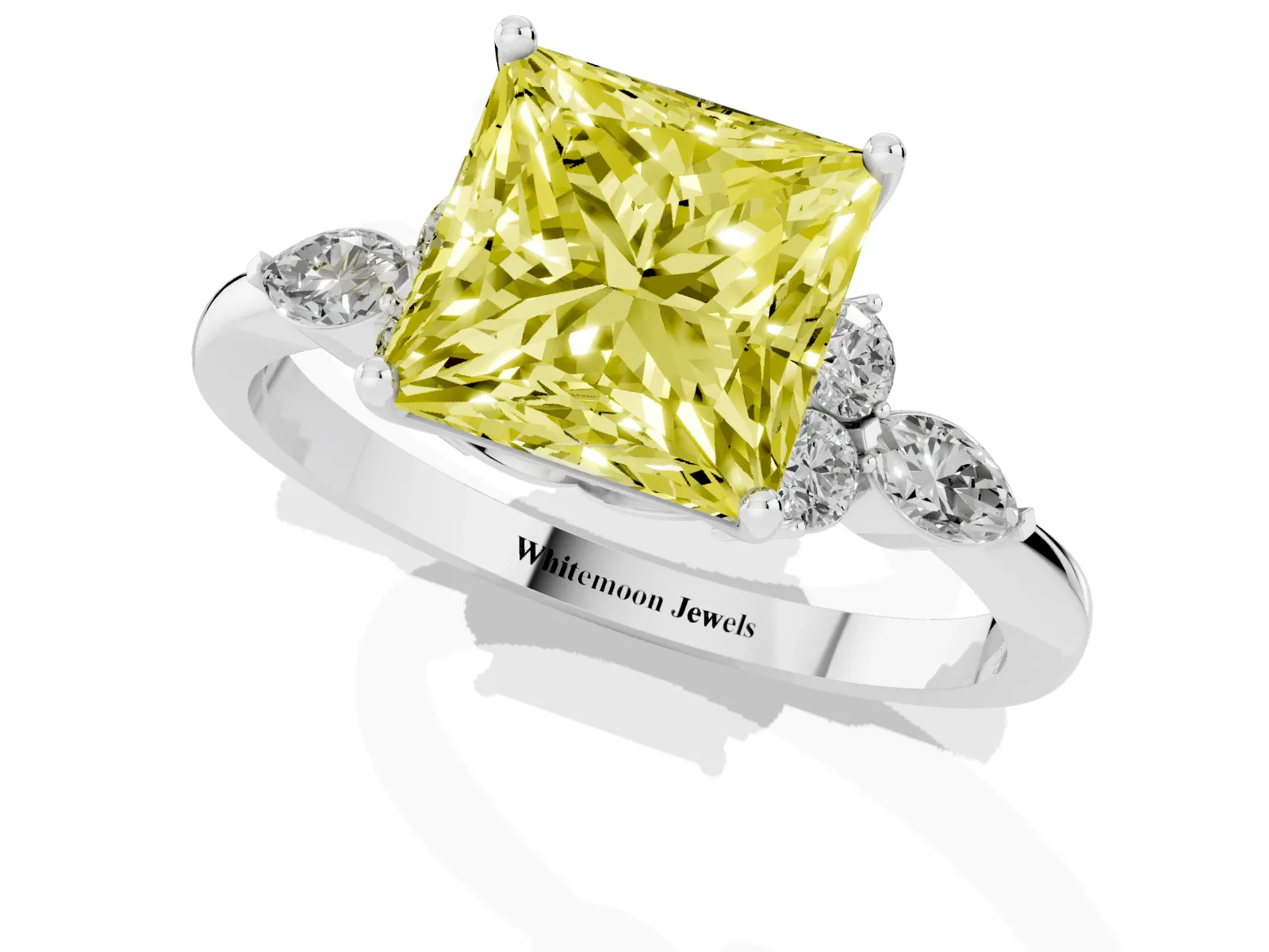Fancy Yellow Princess Cut Brilliant Diamond Solitaire Ring with Pear Side Stones and Four-Prong Setting Platinum