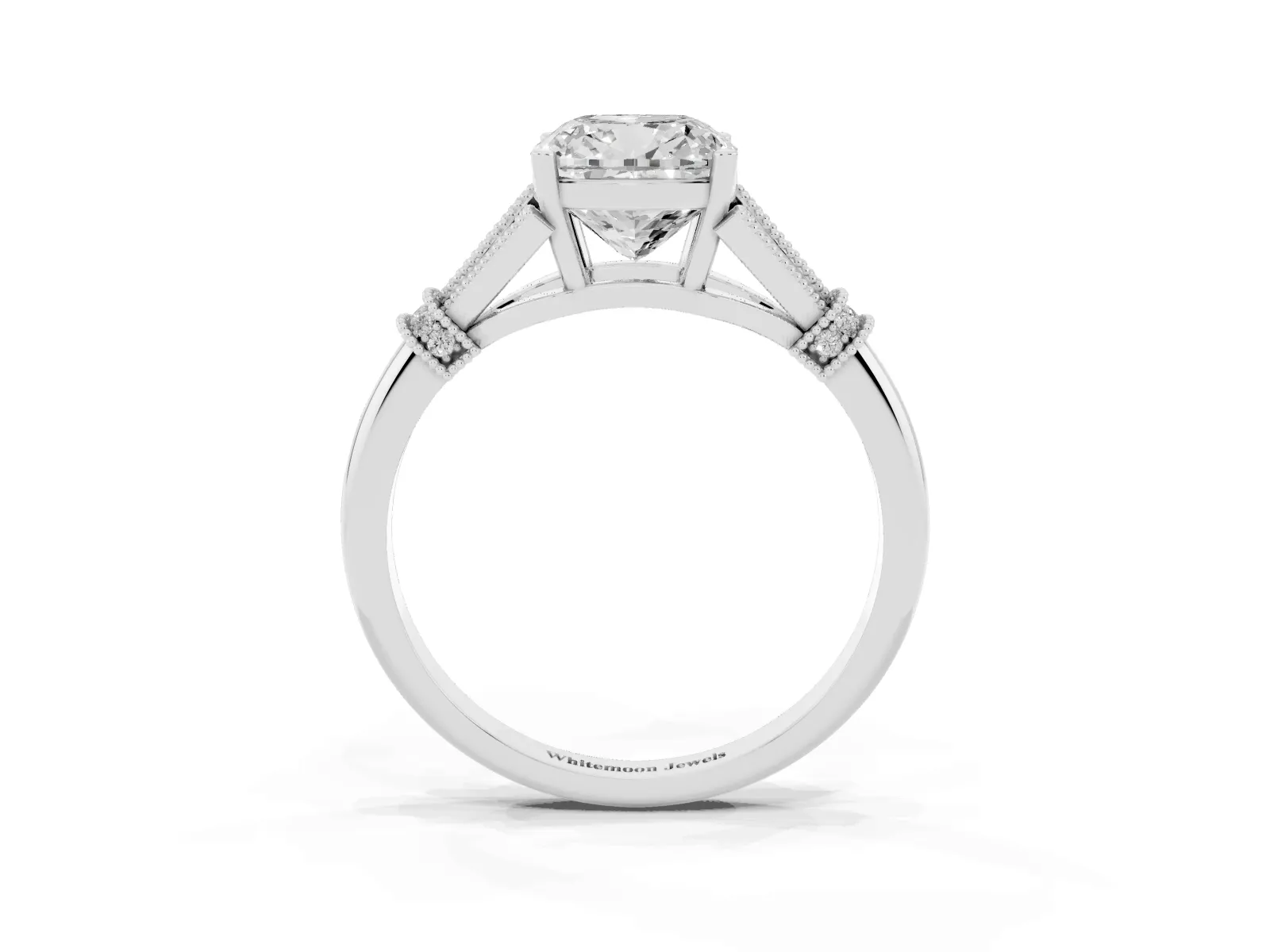 Cushion Cut Diamond Solitaire Ring with Floral Filigree and Pave Accents White gold