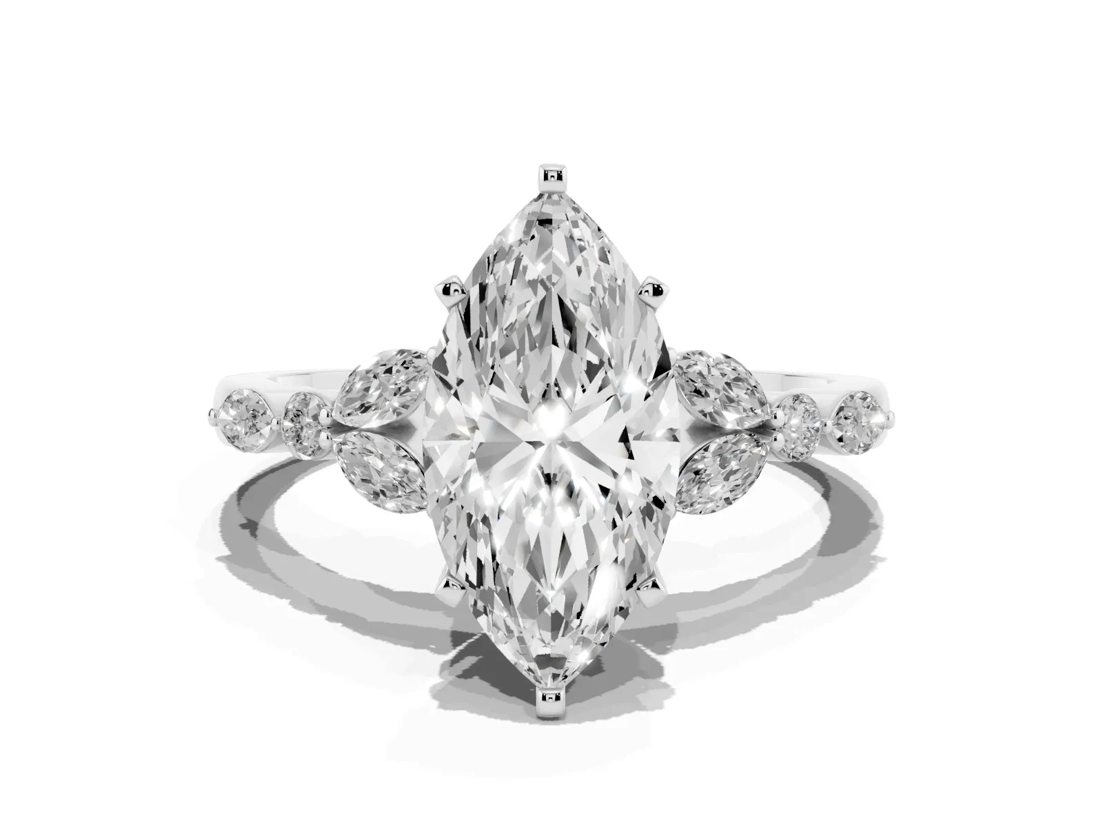Marquise Cut Diamond Solitaire Ring with Side Stones and Four-Prong Setting Platinum