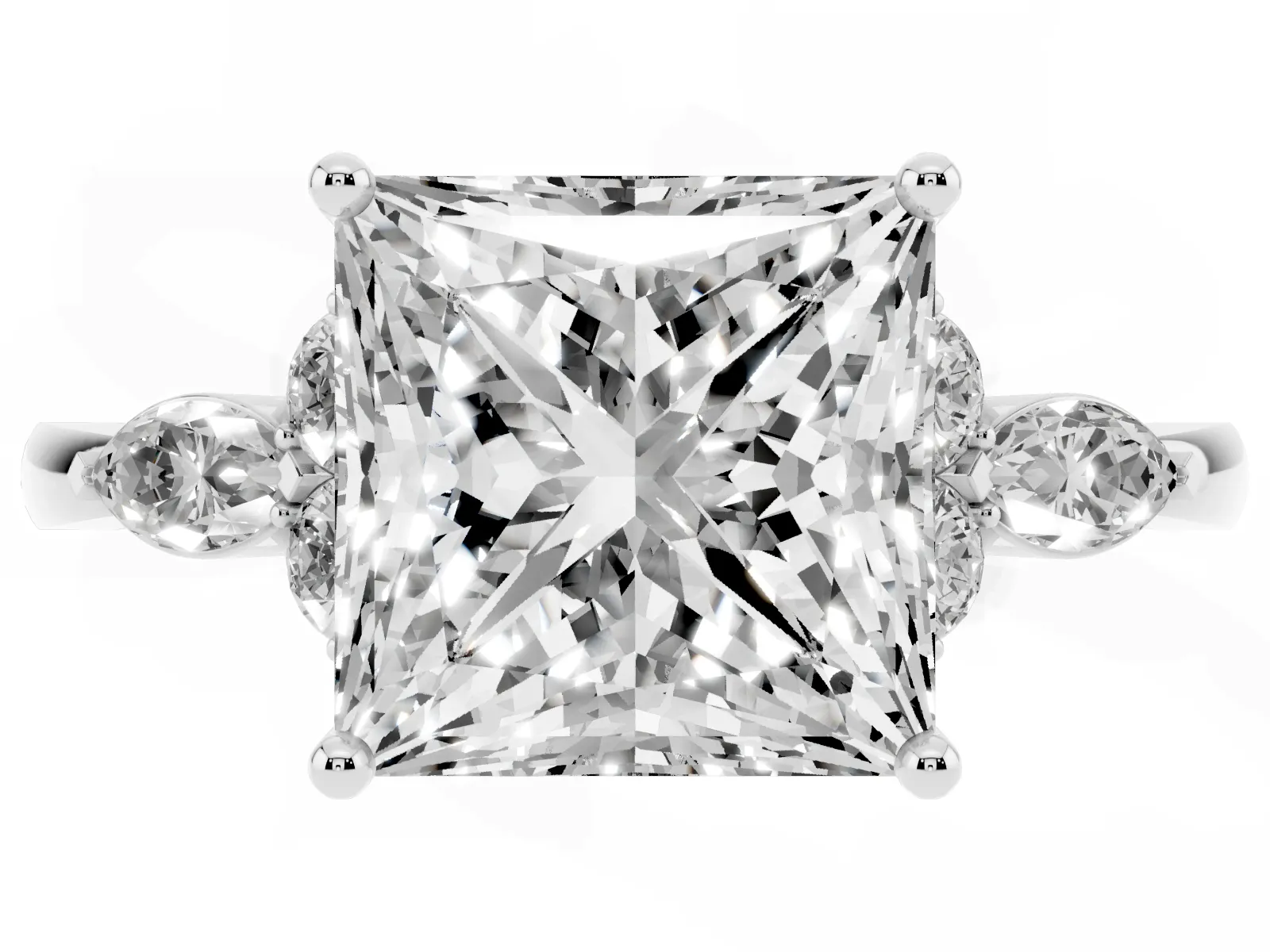 Princess Cut Brilliant Diamond Solitaire Ring with Pear Side Stones and Four-Prong Setting Platinum