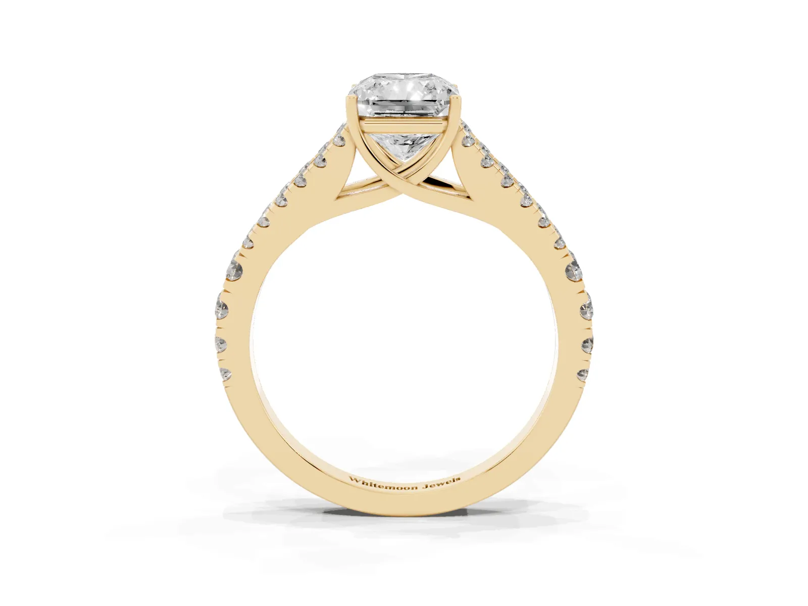 Radiant Cut Diamond Split Shank Engagement Ring with Round Pavé and Prong Setting Yellow gold