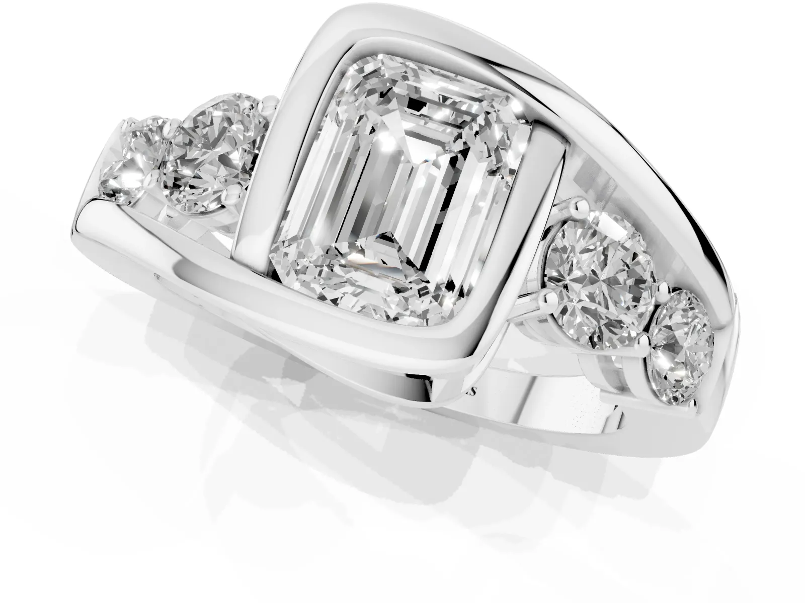 Bezel Set Emerald Cut Diamond Bypass Ring with Round Accents Platinum