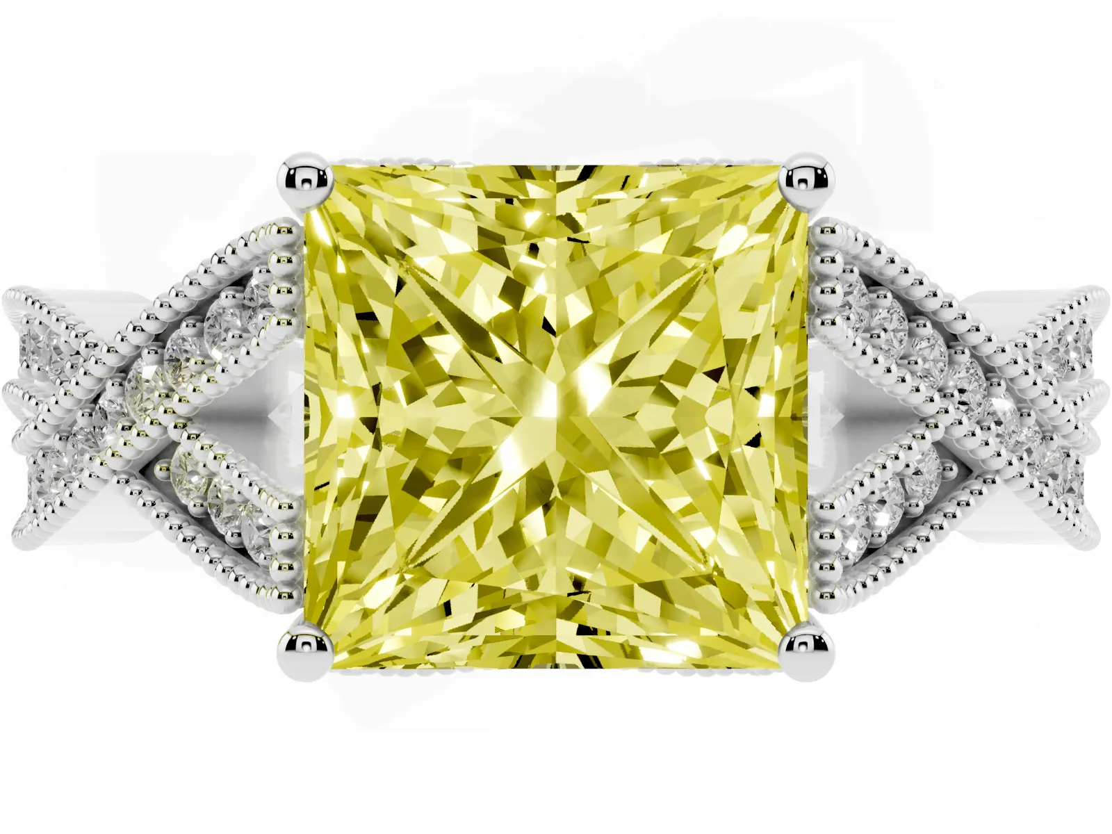 Fancy Yellow Princess Cut Cut Diamond Twisted Band with Milgrain Pave Setting and Four-Prong Setting Platinum