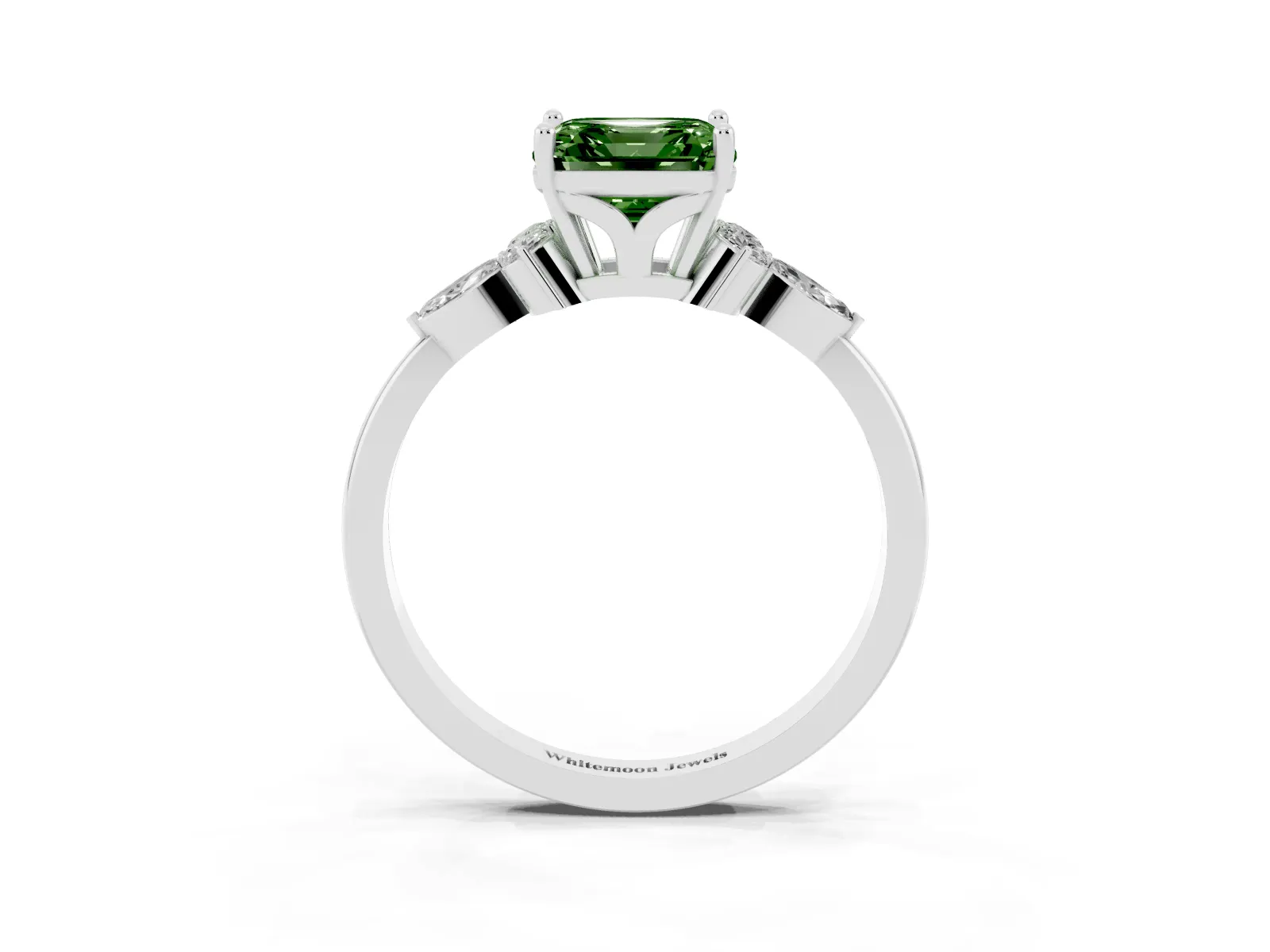 Fancy Green Asscher Cut Brilliant Diamond Solitaire Ring with Pear Side Stones and Four-Prong Setting Platinum