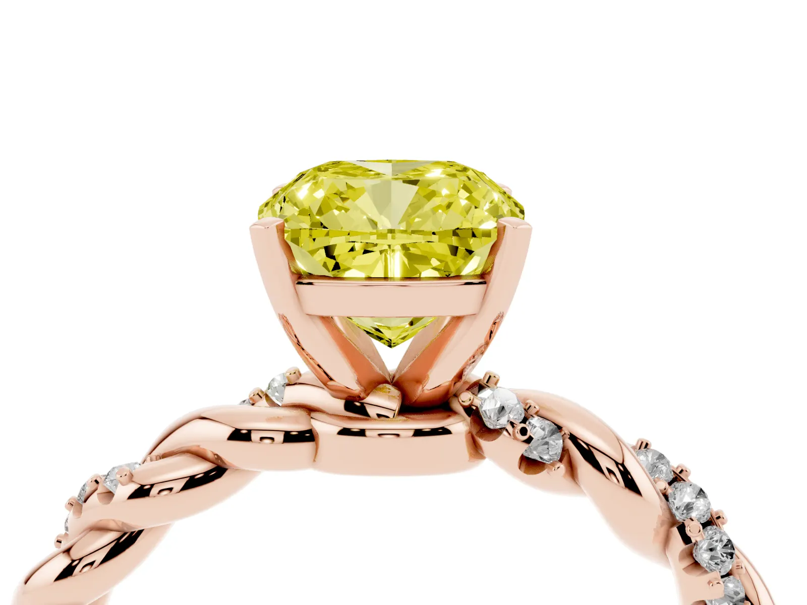 Fancy Yellow Cushion Cut Diamond Solitaire Ring with Twisted Band and Pavé Accents Rose gold