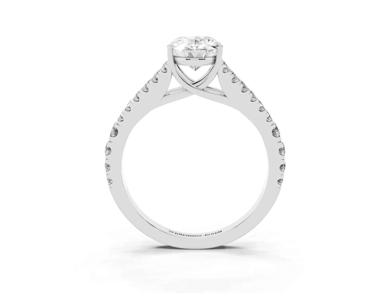 Oval Cut Diamond Split Shank Engagement Ring with Round Pavé and Prong Setting White gold