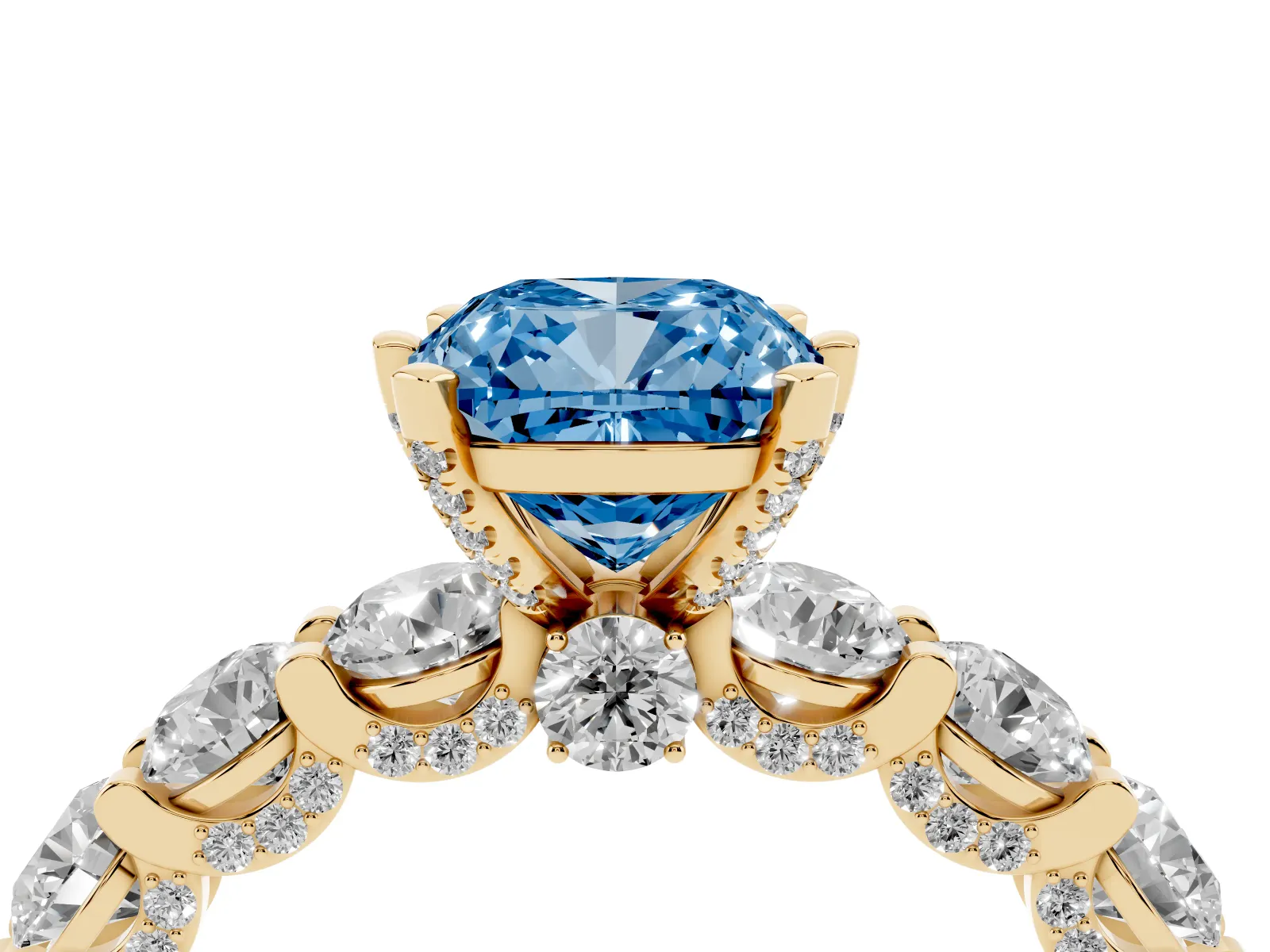 Fancy Blue Cushion Cut Diamond Side Stone Engagement Ring with Four-Prong Setting Yellow gold