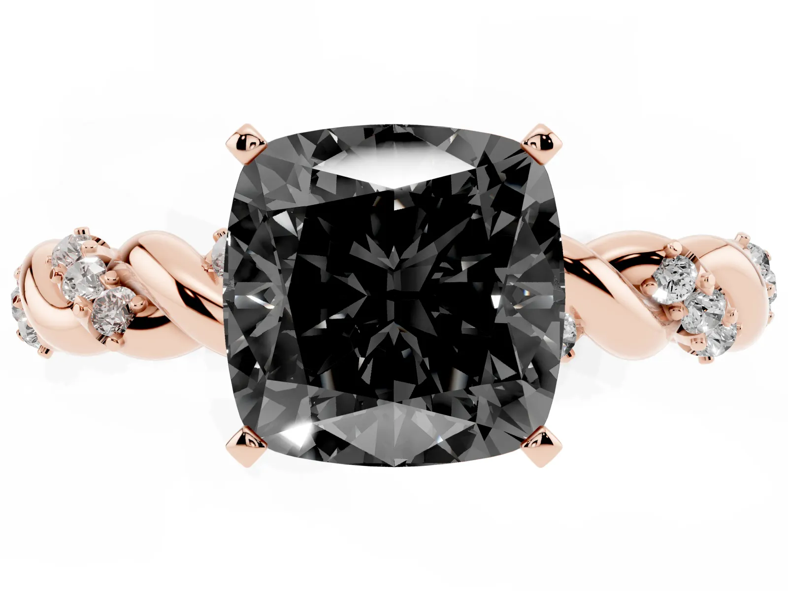Fancy Black Cushion Cut Diamond Solitaire Ring with Twisted Band and Pavé Accents Rose gold