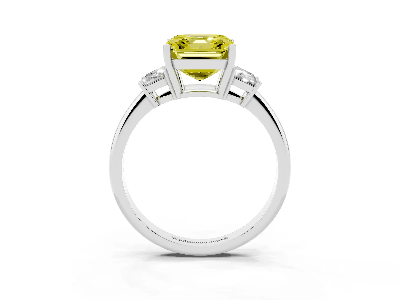 Fancy Yellow Asscher Cut Diamond Three-Stone Ring with Trapezoid Side Stones and Prong Setting White gold