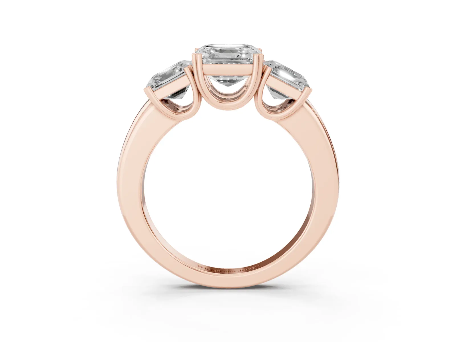Three-Stone Asscher Cut Cut Diamond Ring with Channel Set Band and Four-Prong Setting Rose gold