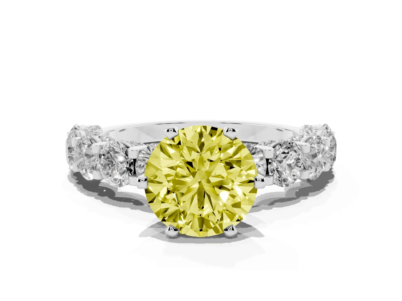 Fancy Yellow Round Cut Diamond Side Stone Engagement Ring with Four-Prong Setting White gold