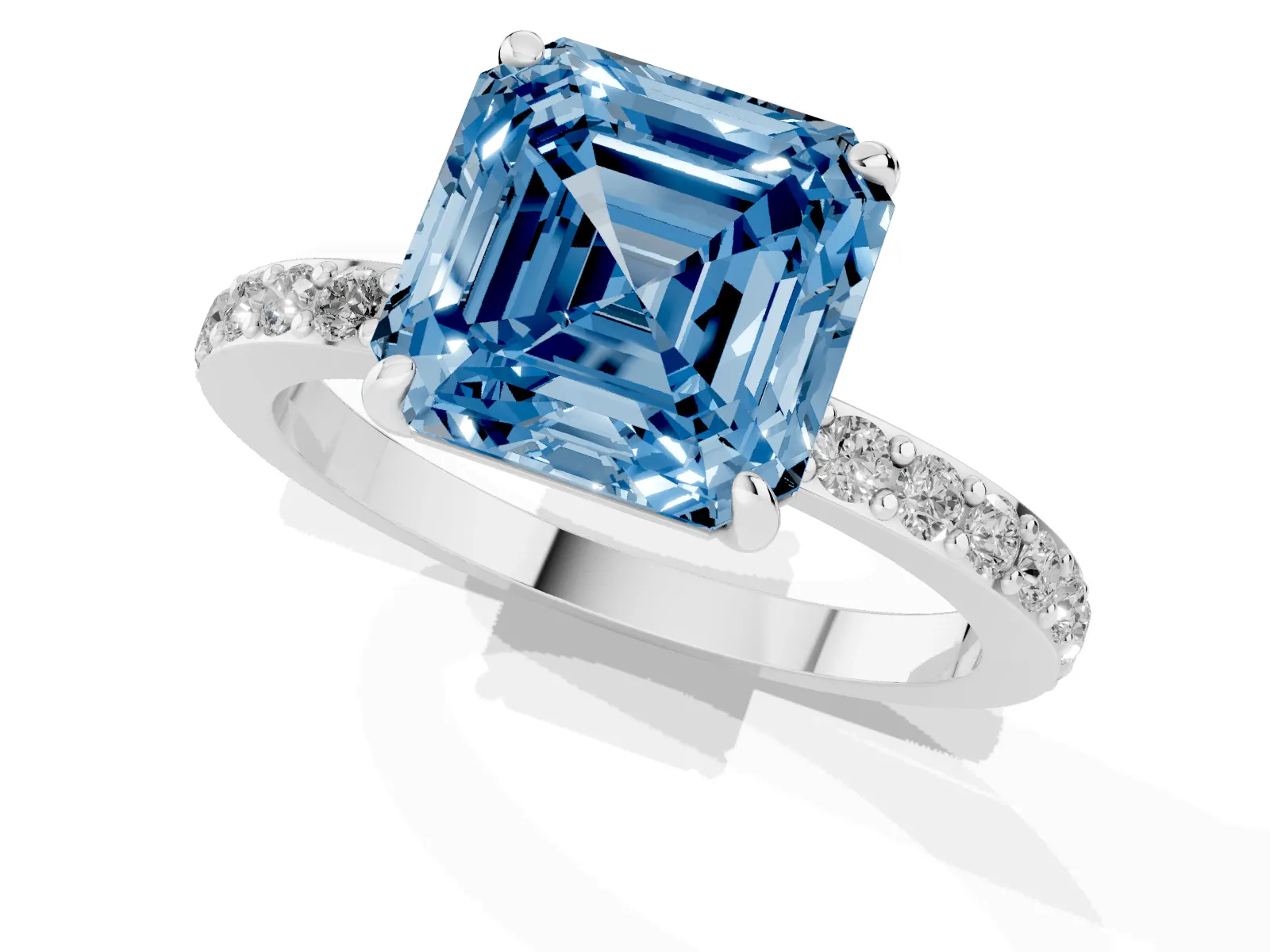 Fancy Blue Asscher Cut Diamond Solitaire Engagement Ring with Pavé Band and Four-Prong Setting White gold