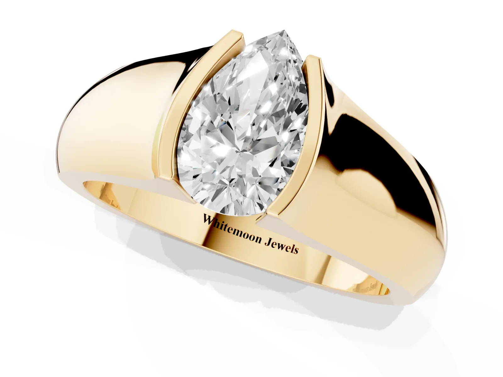 Pear Cut Solitaire Bezel Set Diamond Ring with Wide Band Yellow gold
