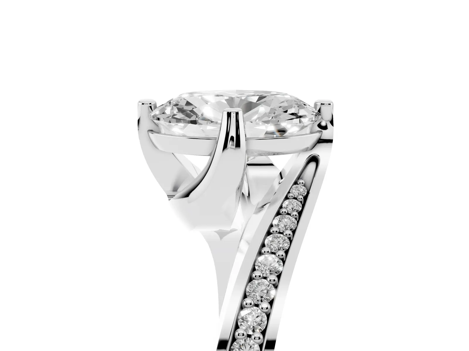 Oval Cut Solitaire Diamond Twist Band with Pavé Setting and Four-Prong Setting Platinum