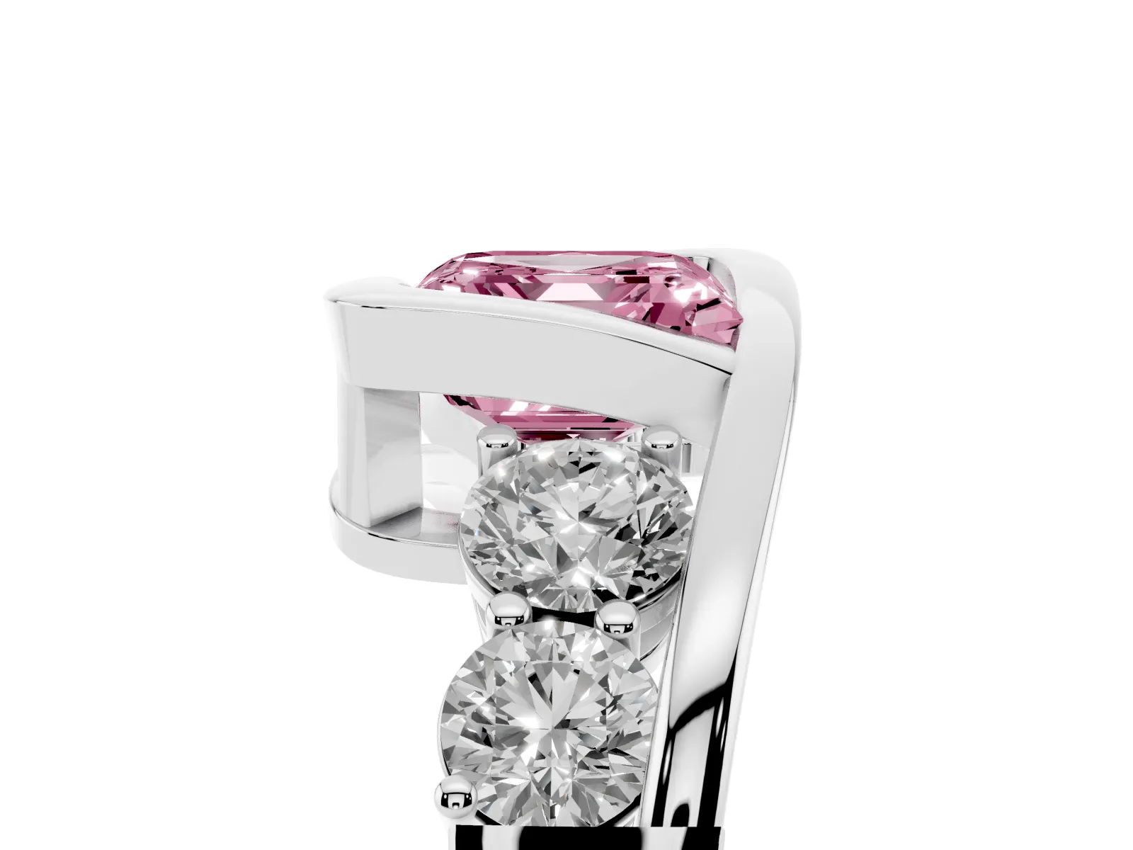Fancy Pink Bezel Set Asscher Cut Diamond Bypass Ring with Round Accents Platinum