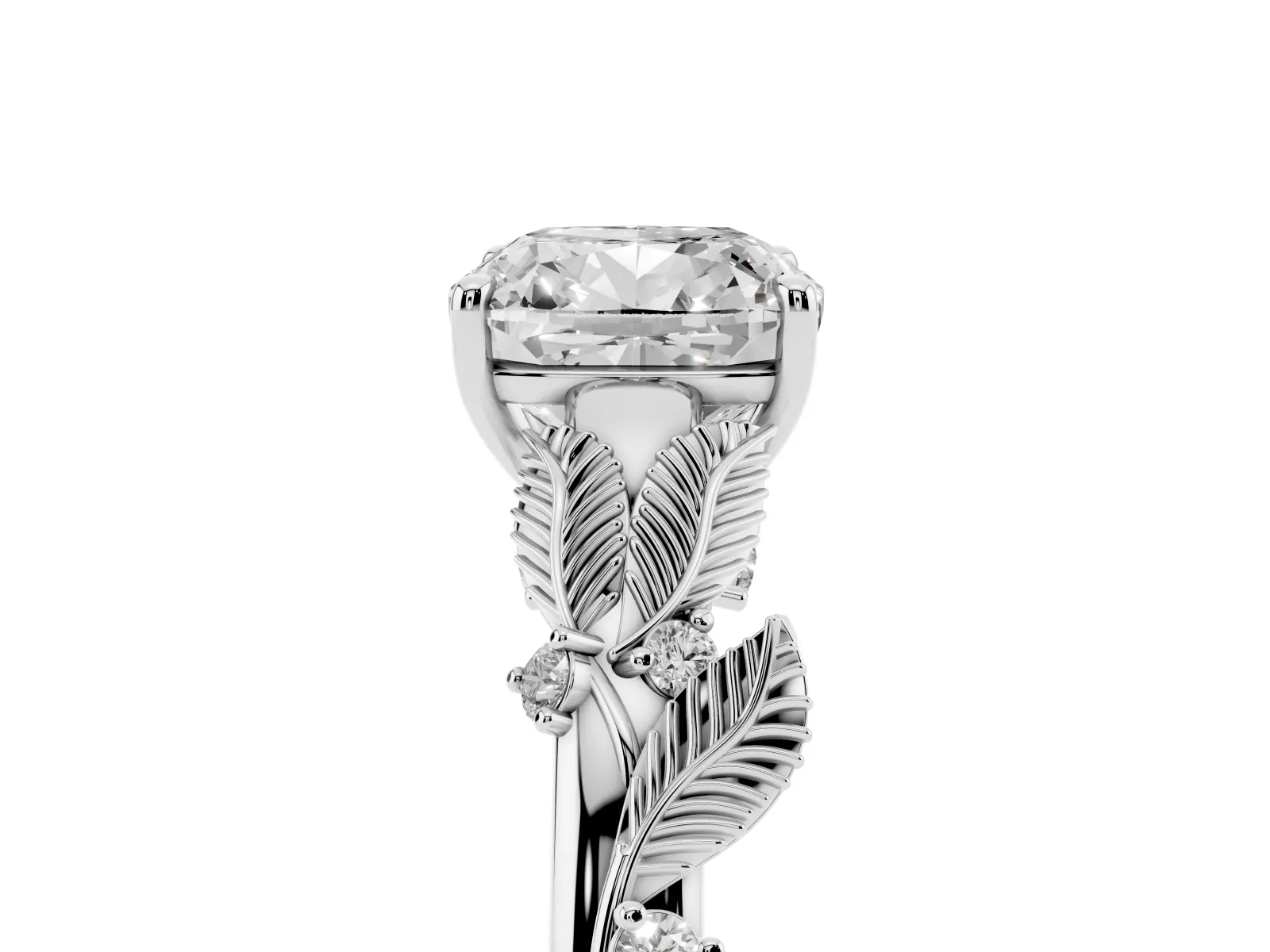 Cushion Cut Diamond Solitaire Ring with Leaf Motif Band and Four-Prong Setting Platinum