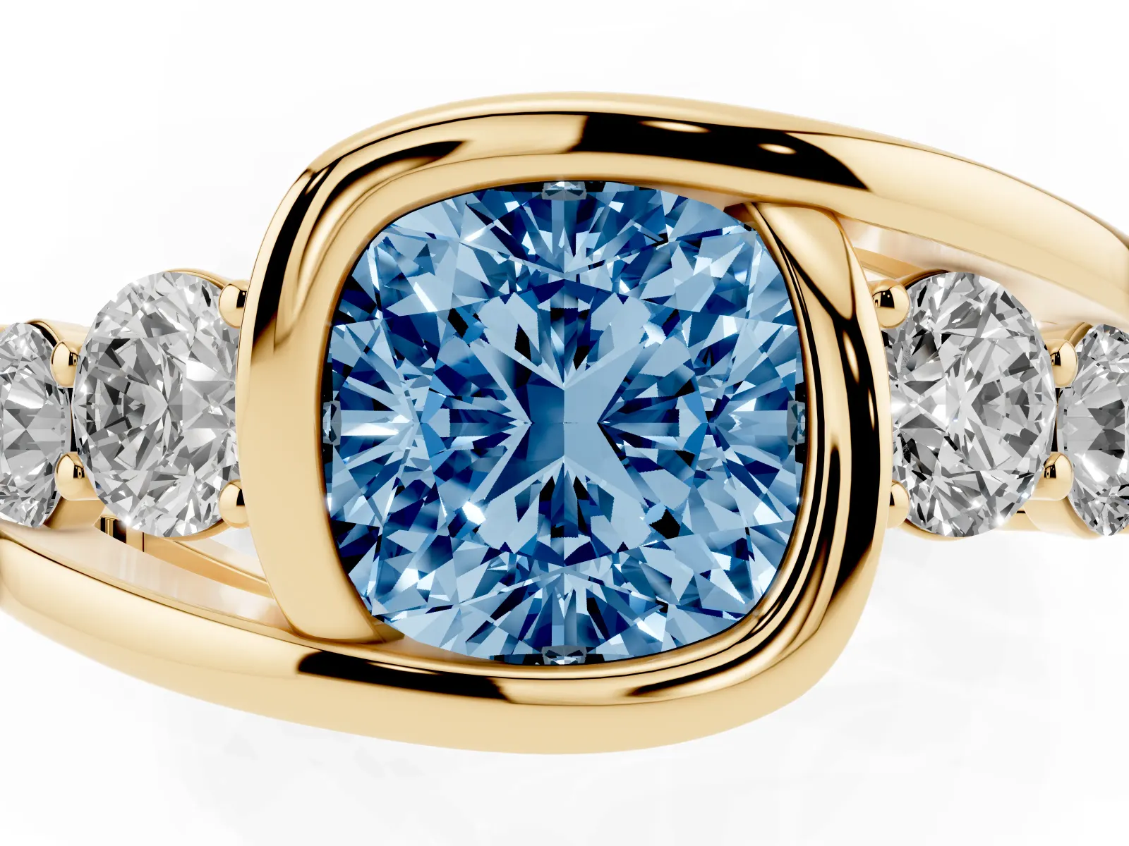 Fancy Blue Bezel Set Cushion Cut Diamond Bypass Ring with Round Accents Yellow gold