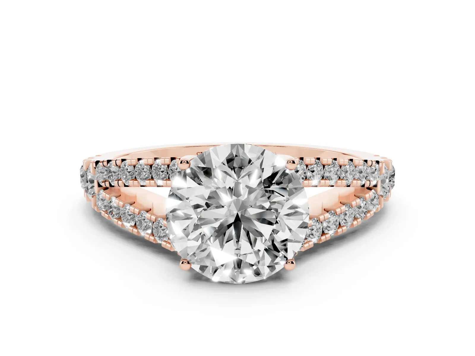 Round Cut Diamond Split Shank Engagement Ring with Round Pavé and Prong Setting Rose gold