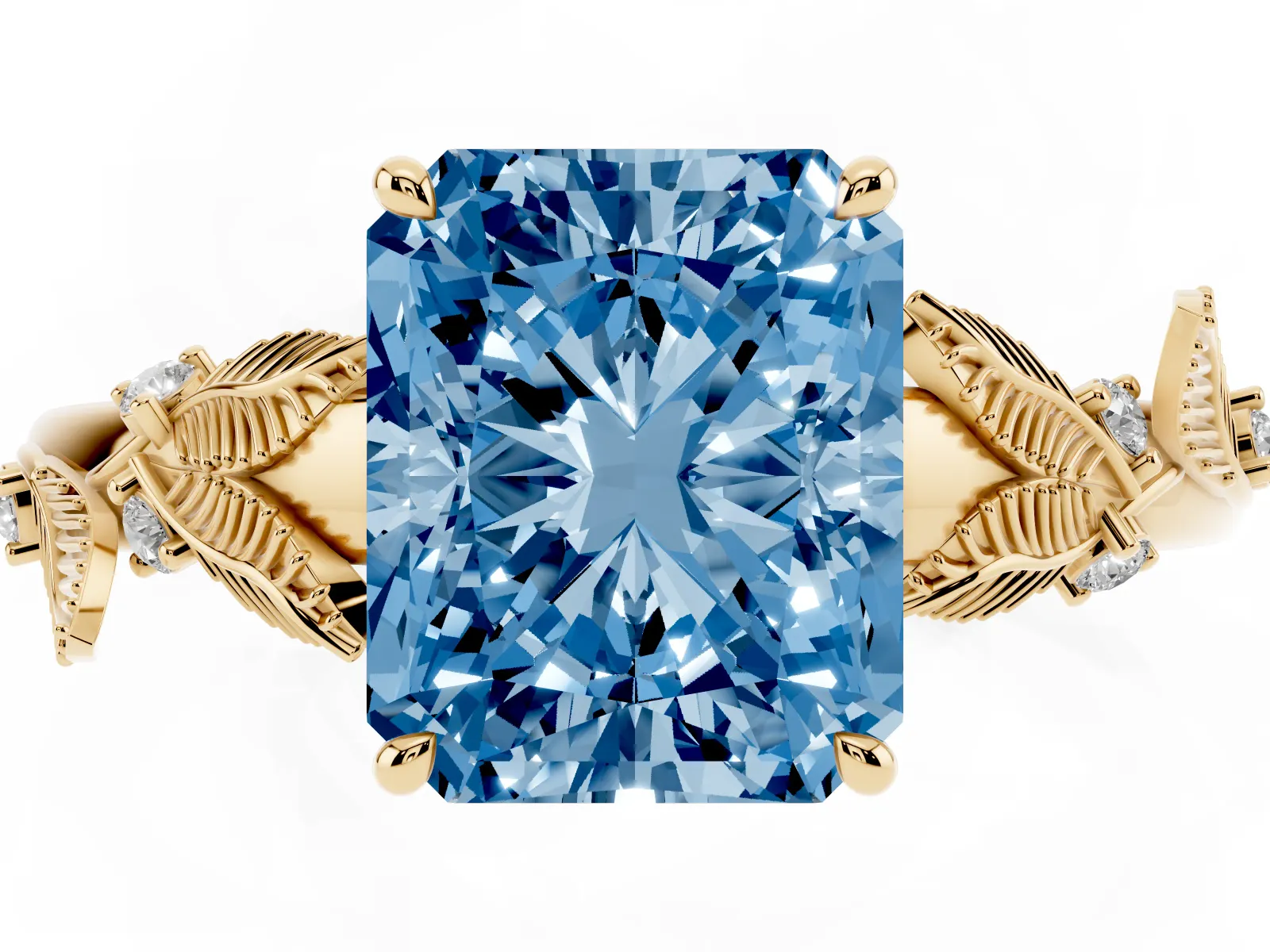 Fancy Blue Radiant Cut Diamond Solitaire Ring with Leaf Motif Band and Four-Prong Setting Yellow gold