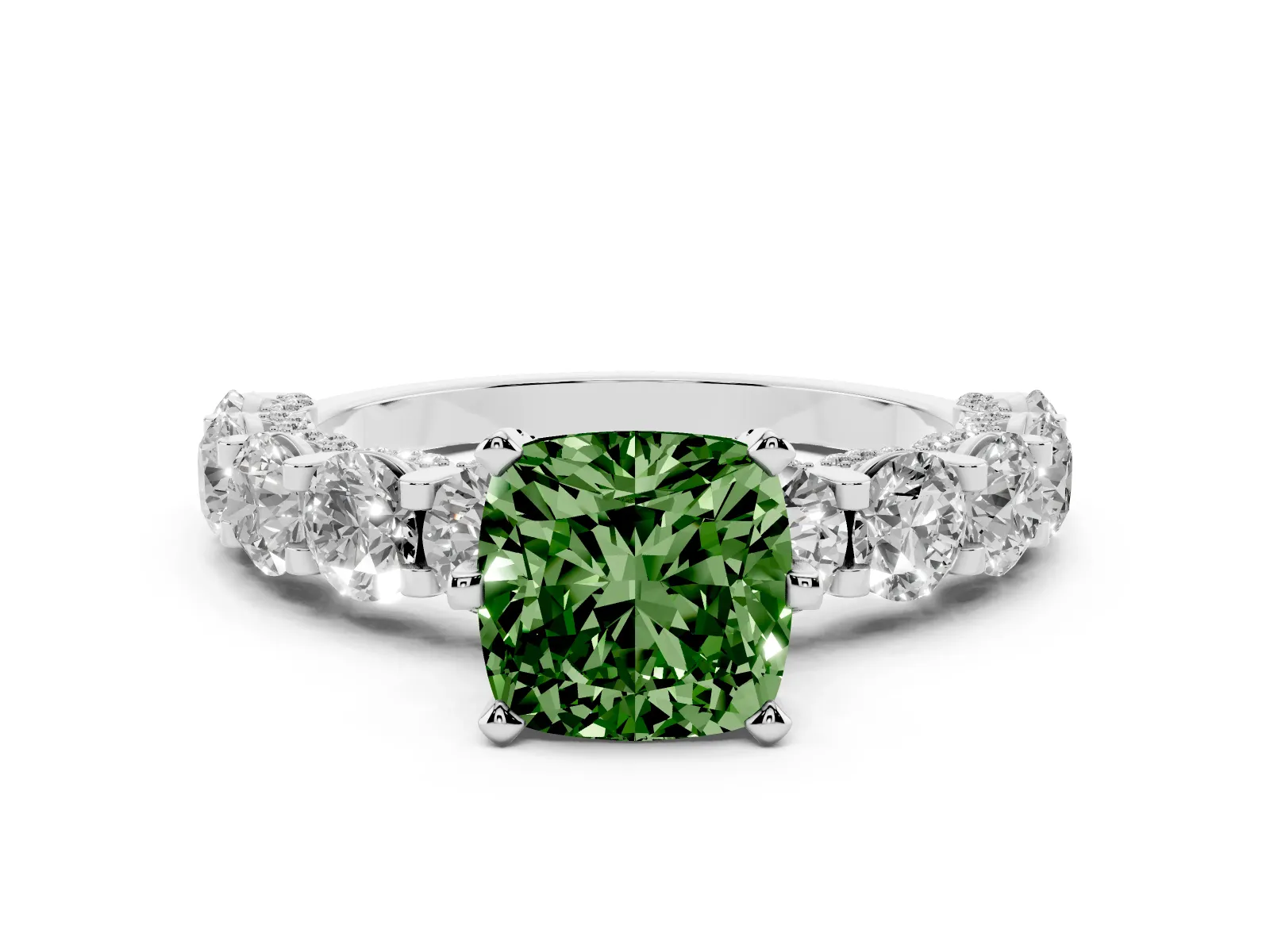 Fancy Green Cushion Cut Diamond Side Stone Engagement Ring with Four-Prong Setting White gold